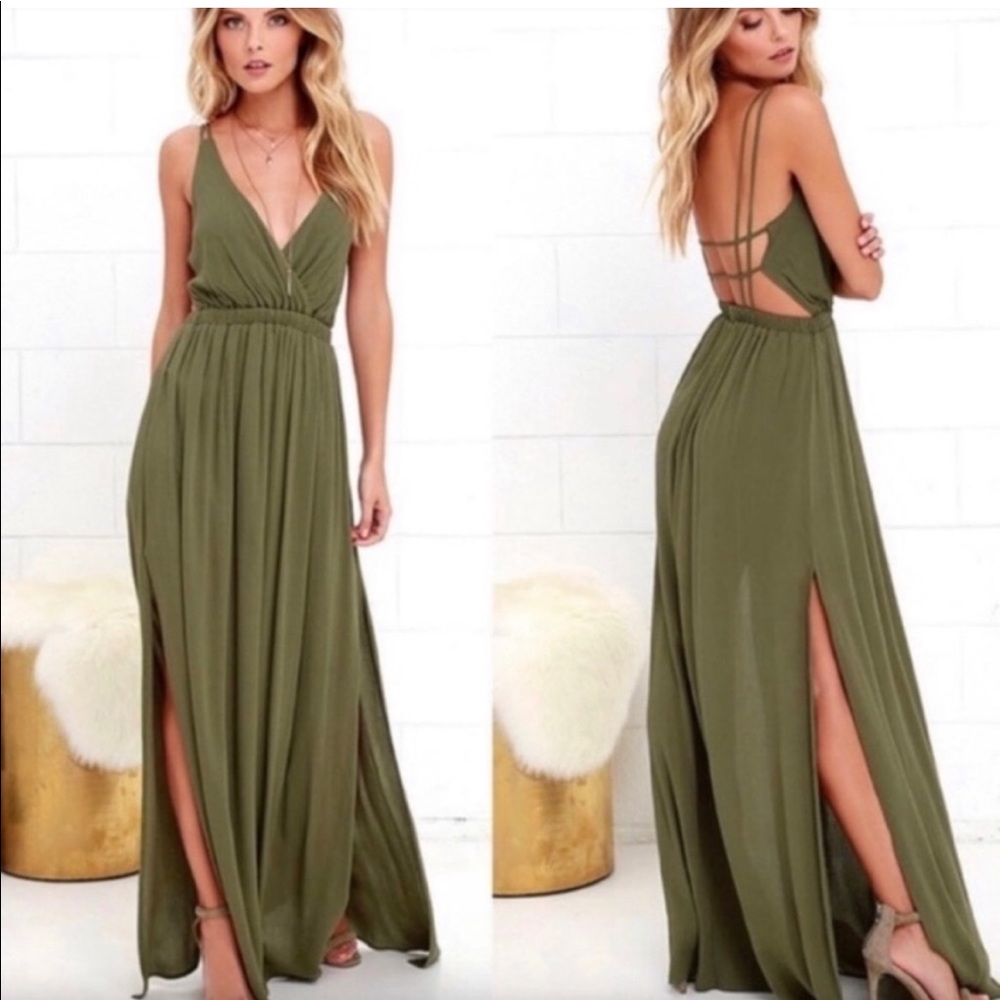 Lulu’s Lost in Paradise Green Maxi Dress Medium Strappy Back Side Slit